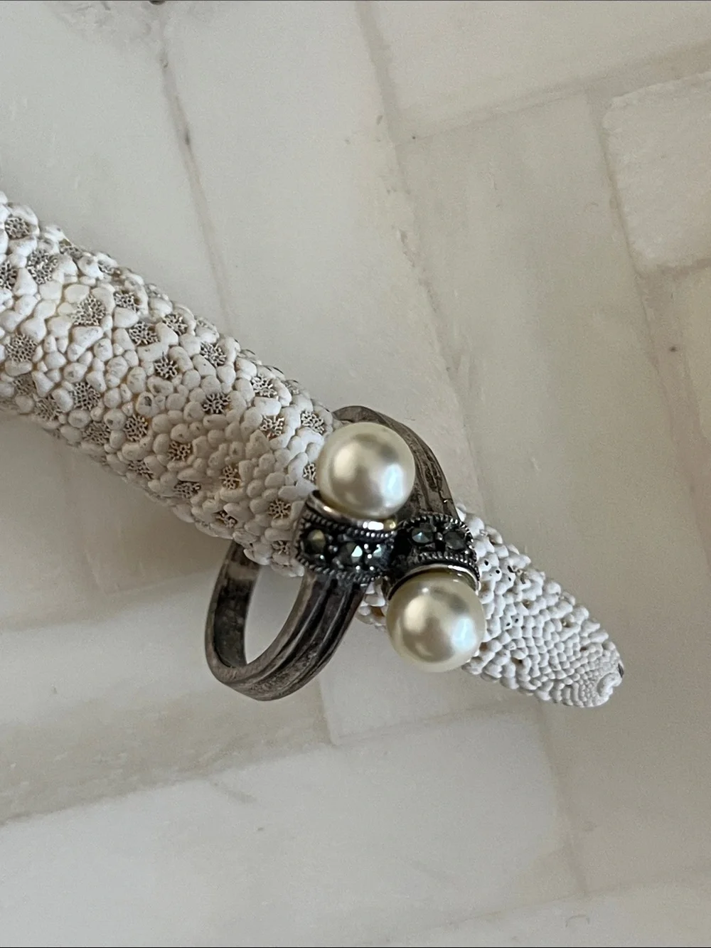 Pearl Two-Stone Sterling Silver Ring - White Pearls